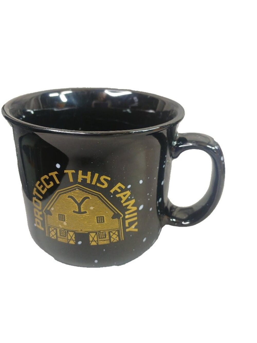 zak! Yellowstone Dutton Ranch “Protect This Family” Black Speckled Ceramic Mug